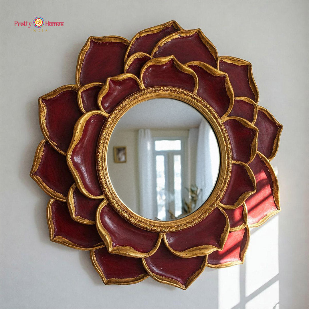 Woodcarved cherry pink lotus petal mirror frame full view
