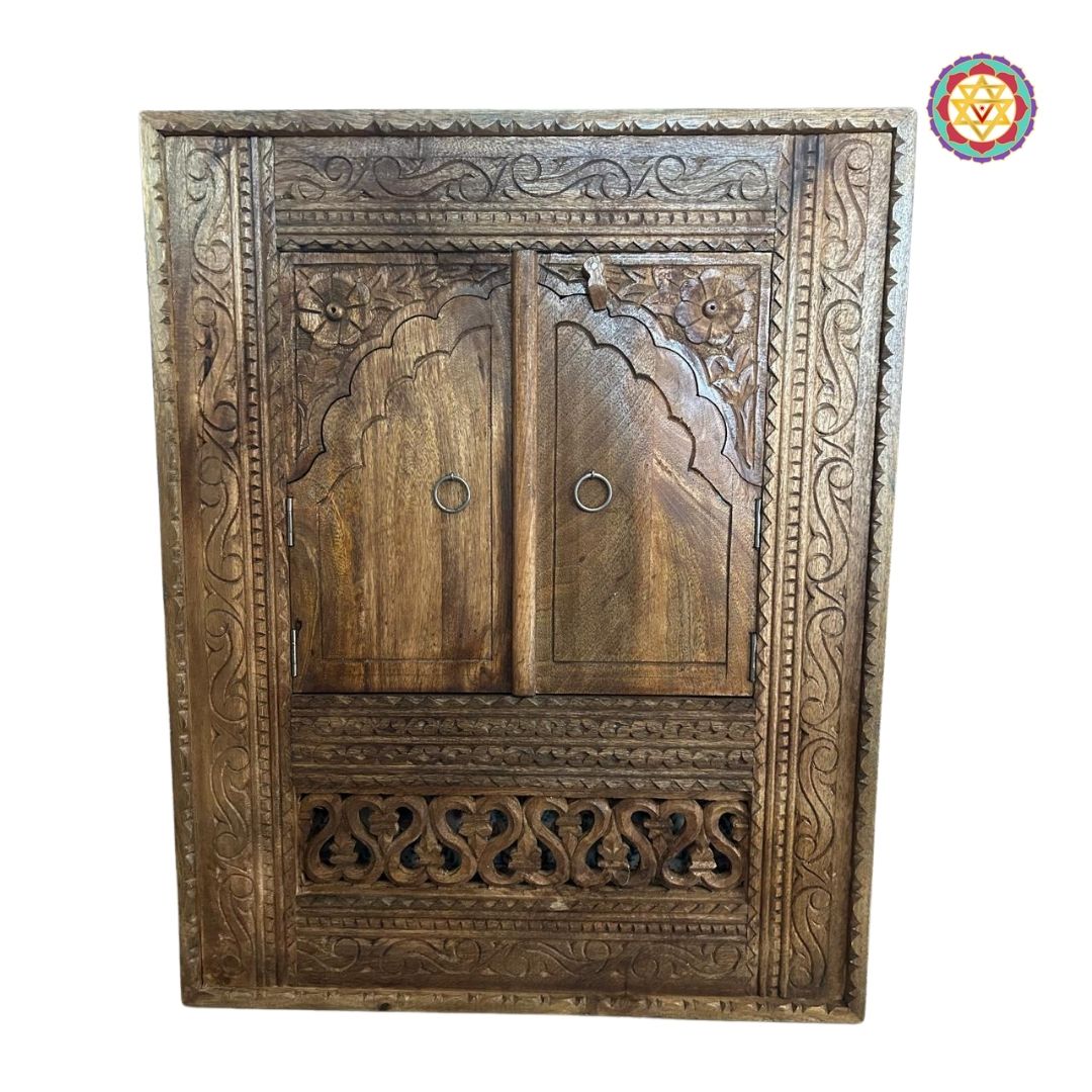 “Full view of the rustic mango wood jharokha window with doors closed.”

