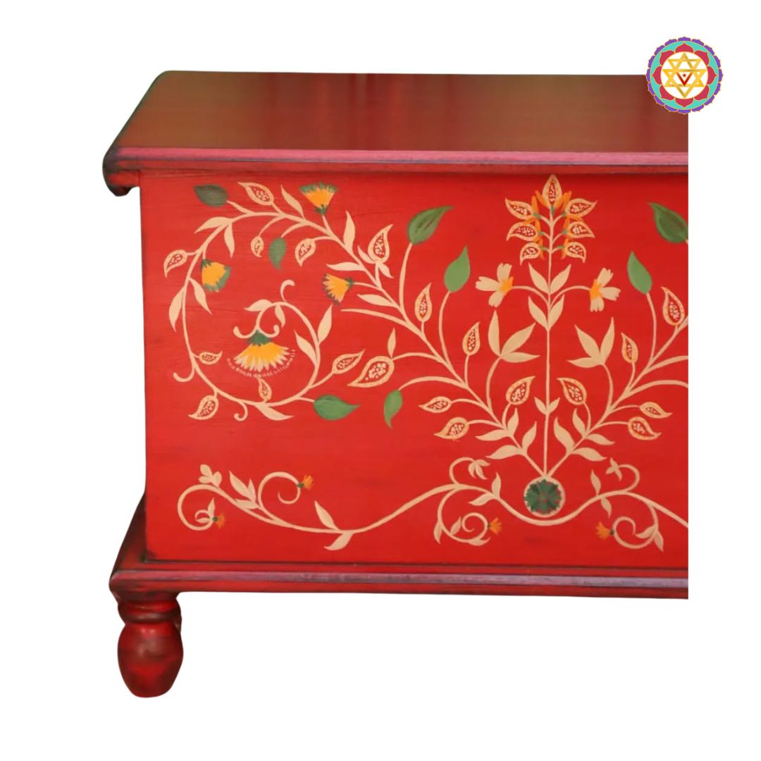 carved solid wood chest with colourful artwork for living room decor