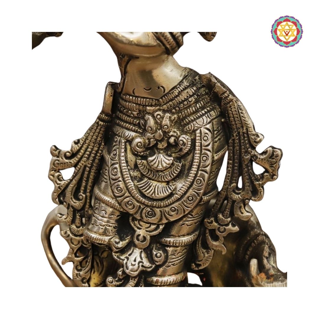 Brass Krishna Idol, Playing Flute Beside Cow, Golden Work, 11”