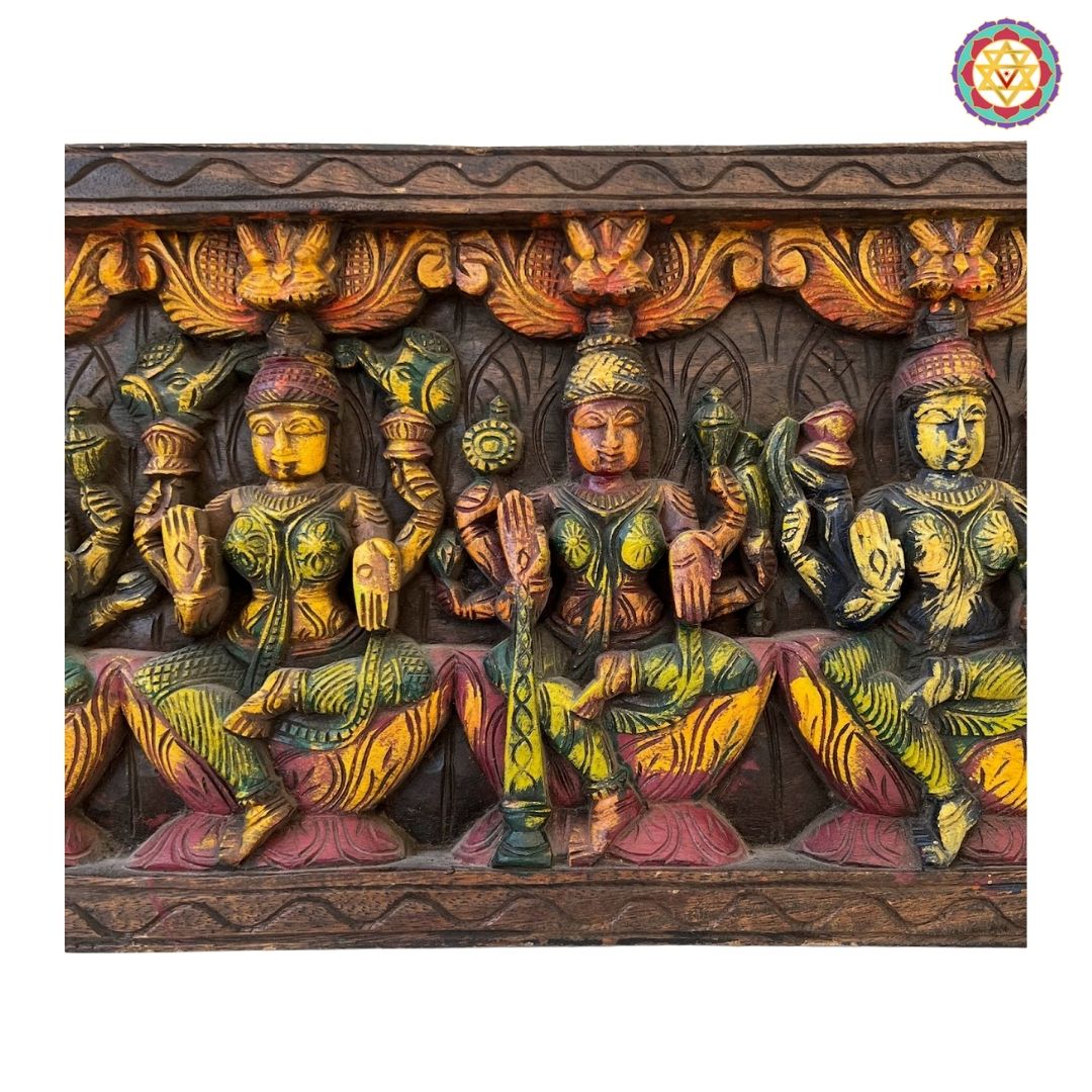 Intricately Carved Horizontal Ashtalakshmi Panel with Trunk-Up Elephants on Sides – Wall Mountable Divine Art