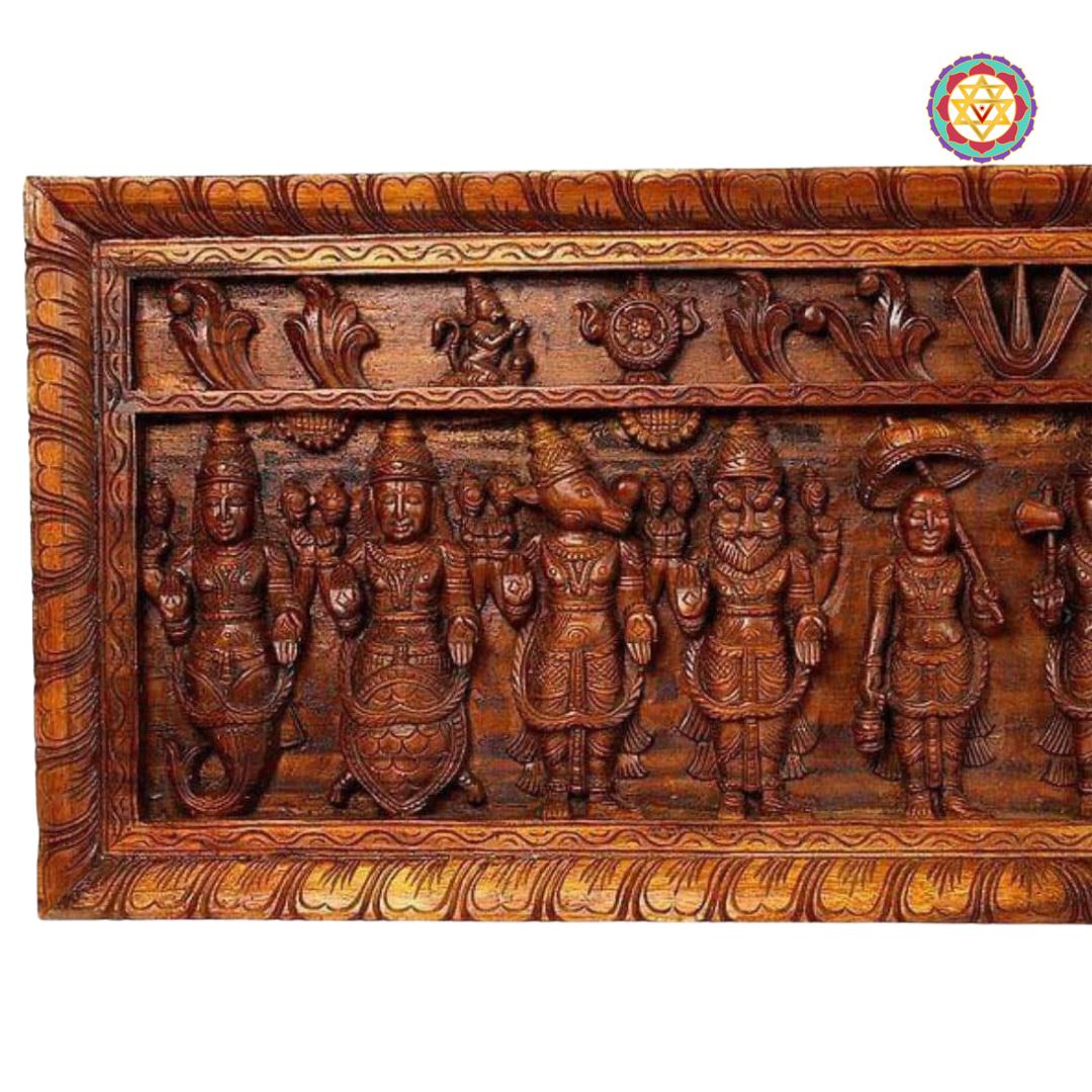 dasavtar wooden panel close up showing intricate carvings and divine themes