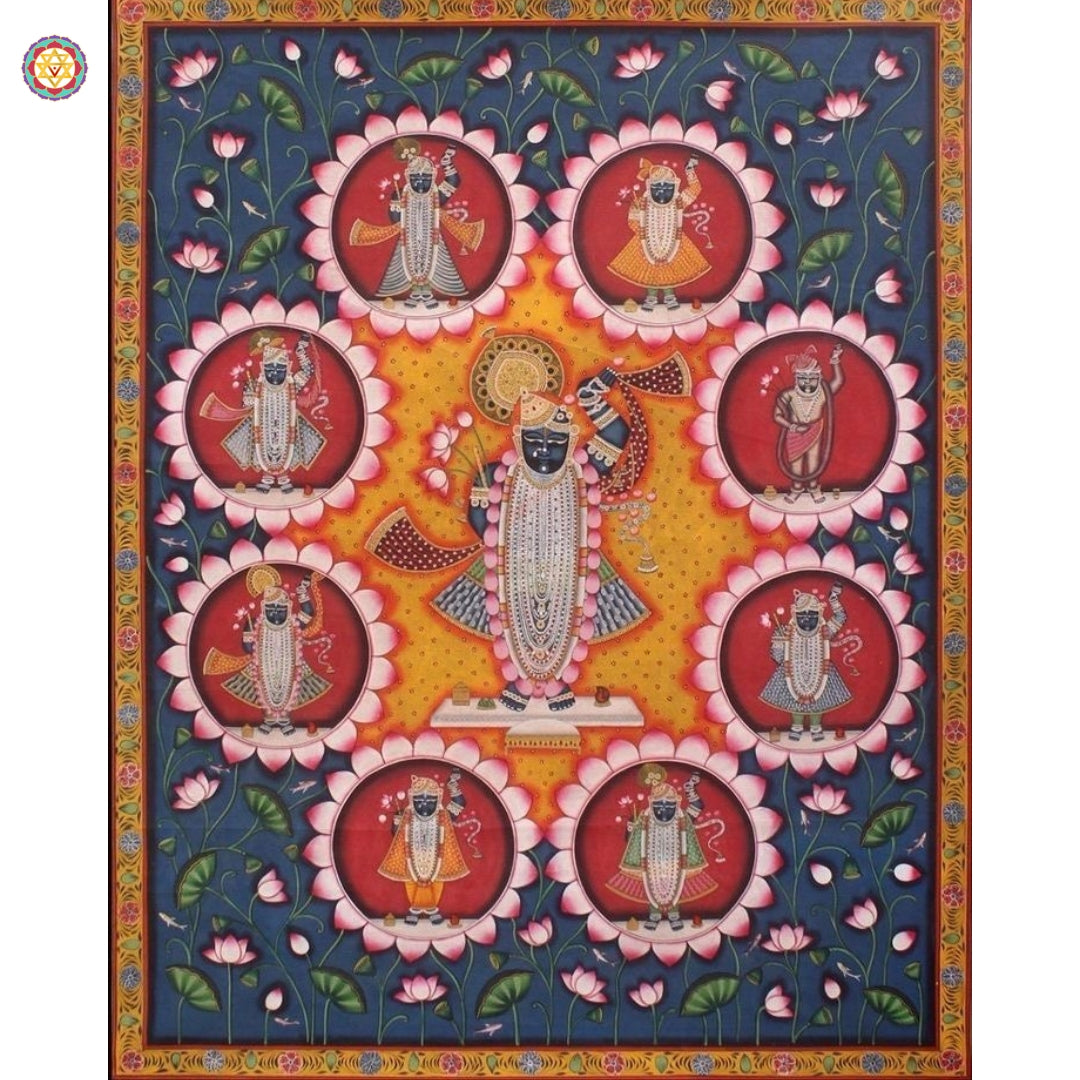 Front view of Shreenathji Darshan Pichwai — intricate brushwork and natural pigment use, heritage devotional art
