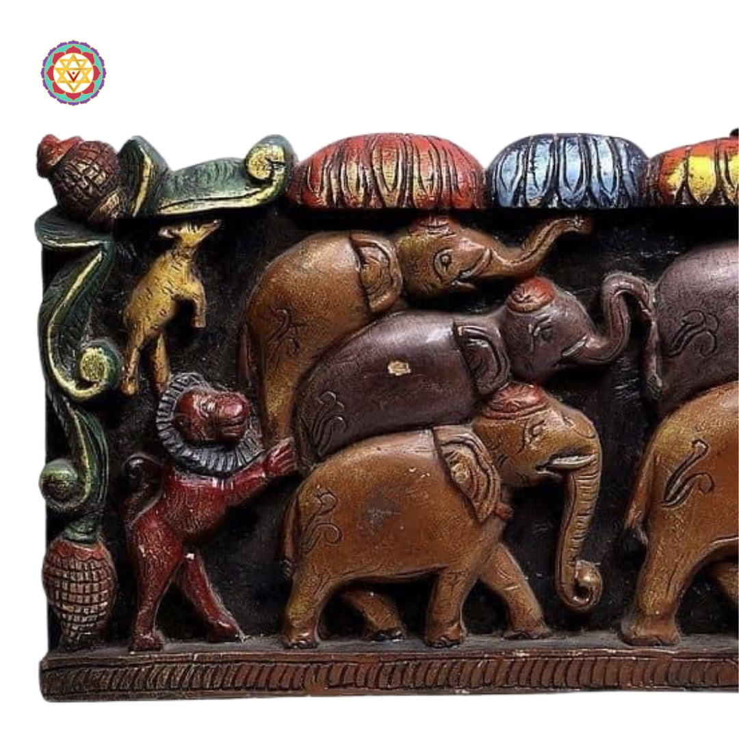 Wood carved elephant wall panel in multicolour finish front side view

