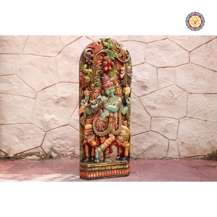 Wooden Hand Carved Lord Krishna Standing Under Canopy with Cow Statue