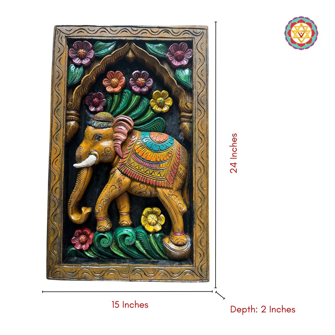 Single elephant panel with floral carvings and embossed detailing


