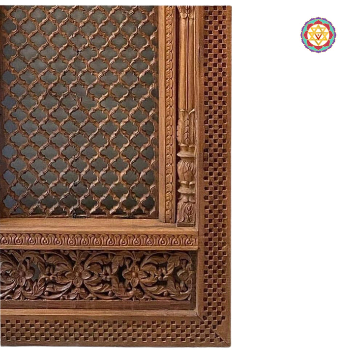 Vintage Inspired Wooden Wall Panel, In Rustic Finish with Jaali Carvings