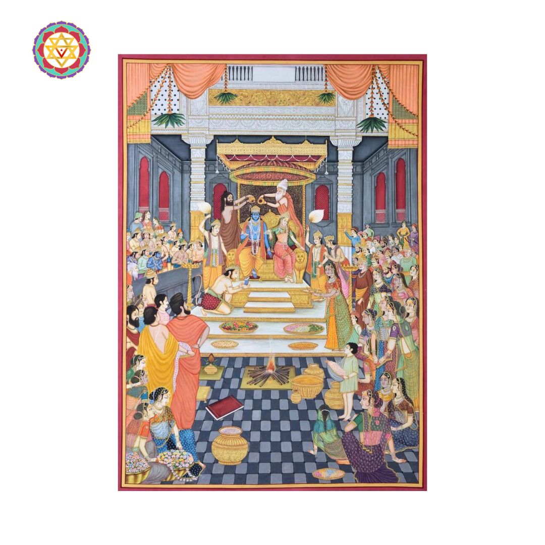 lord rama coronation pichwai wall painting with intricate temple design