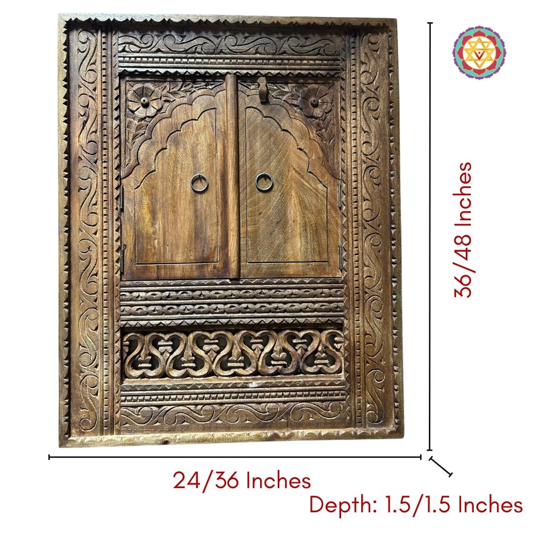 “Handcrafted wooden jharokha window panel for Indian home decor – natural finish.”