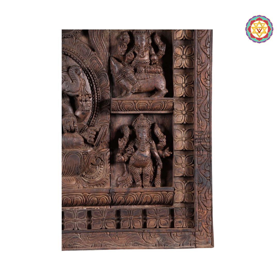 Teak wood finish enhancing intricate carvings of Ganesha forms