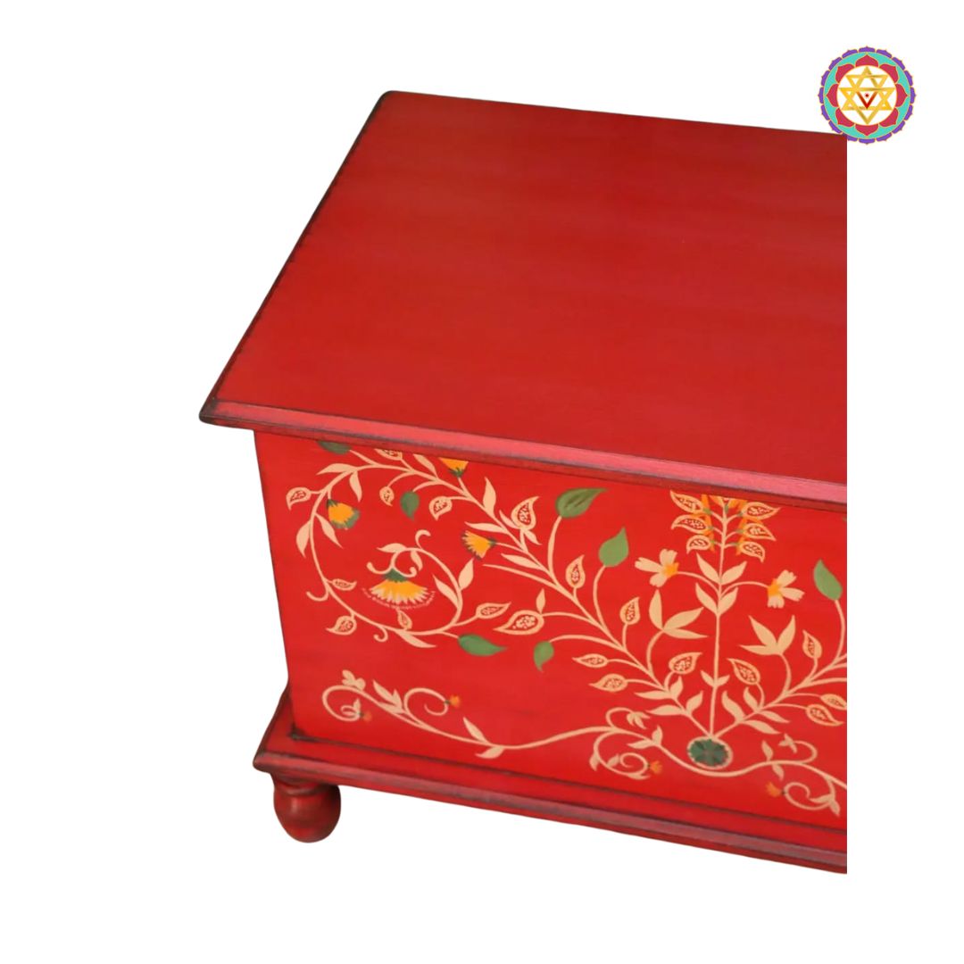 handcrafted wooden trunk highlighting side carving and lid design