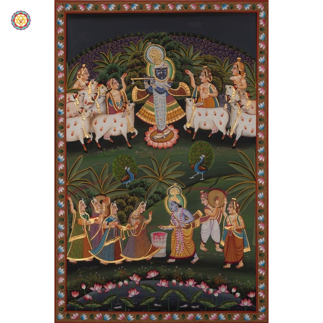 Front view of Shrinathji Pichwai — detailed depiction of cows and attendants, traditional Rajasthani art style