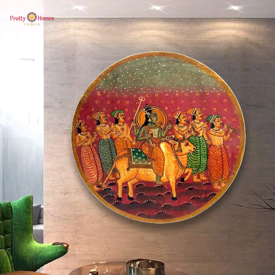 Vintage handpainted Pichwai wall plate ready to hang full view