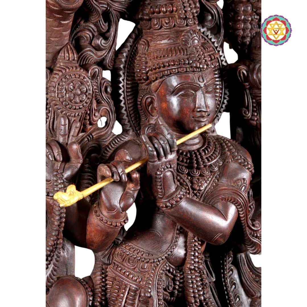 Wooden Hand Carved Lord Krishna Standing Under Canopy with Cow Statue