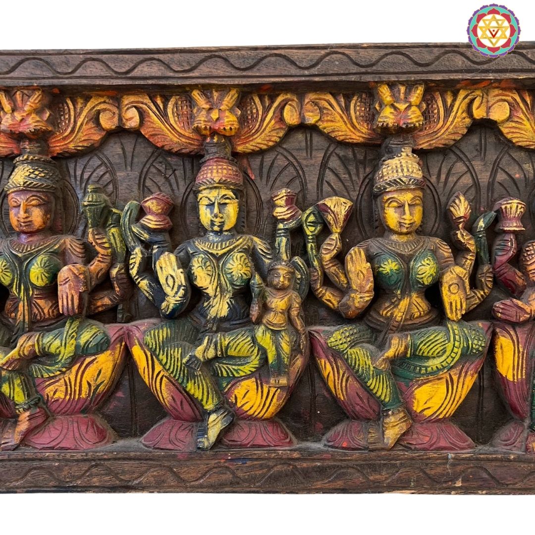 Intricately Carved Horizontal Ashtalakshmi Panel with Trunk-Up Elephants on Sides – Wall Mountable Divine Art