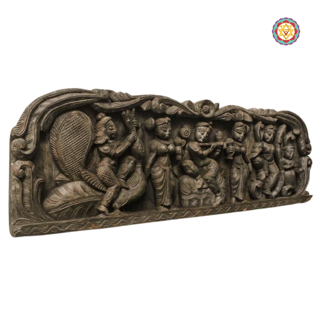 Left-side perspective of Krishna and cow wood panel