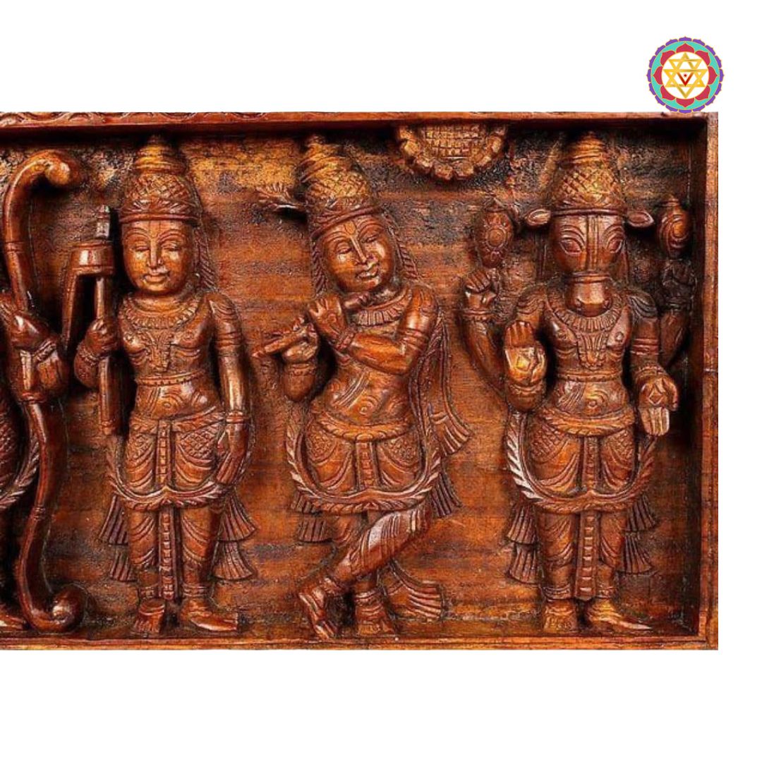 handcarved dasavtar panel angled view highlighting lotus and deity detailing
