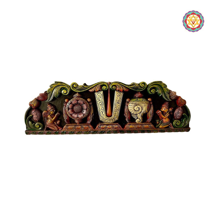 Horizontal wooden wall panel with Shankh, Chakra, Namam, Garuda, and Hanuman

