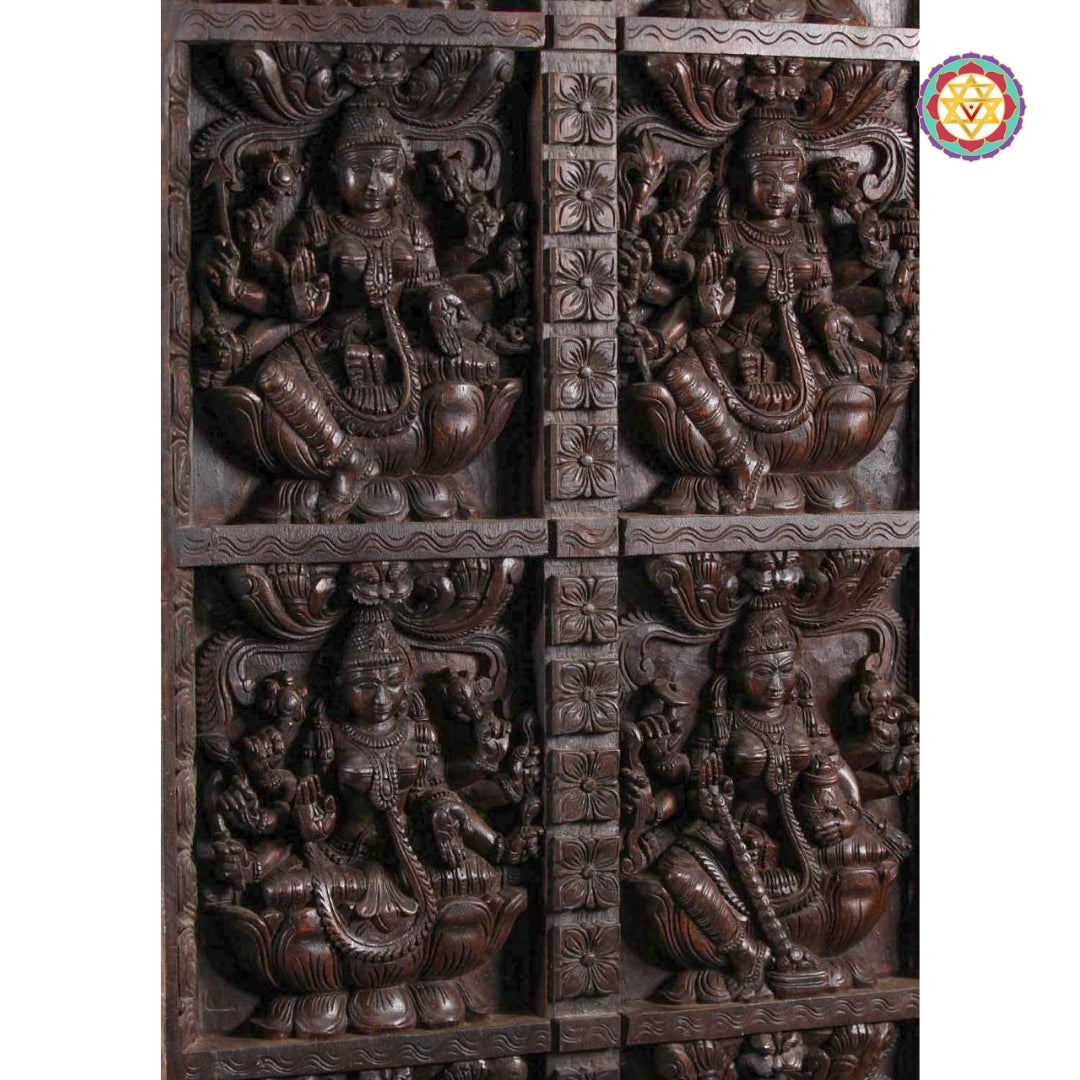 Santaana Lakshmi depiction in hand-carved panel (Fertility & Progeny)