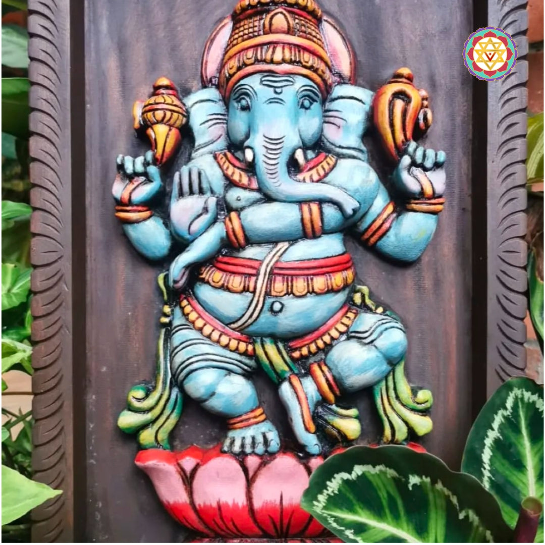 side view of dancing ganesha wooden sculpture for pooja décor