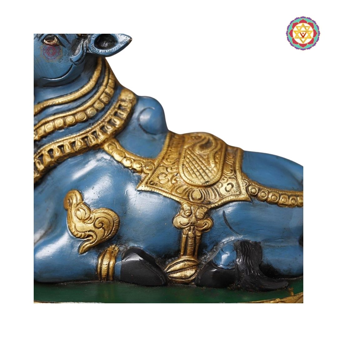 Mystic Blue Brass Nandi Idol – Sacred Guardian with Golden Accents (10”)