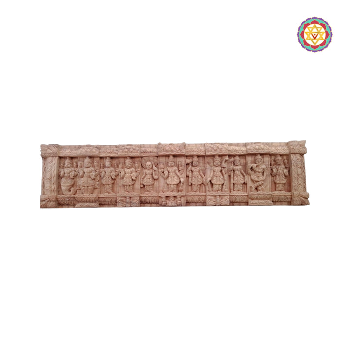 Vintage inspired horizontal Vishnu Dasavatara wooden wall mount decor
