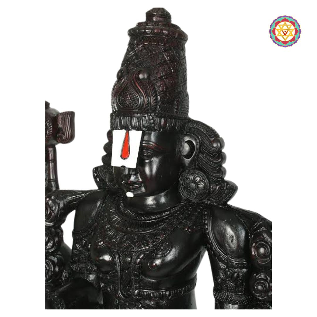 Hand-polished Balaji Kalyan statue placed on wooden base in natural light