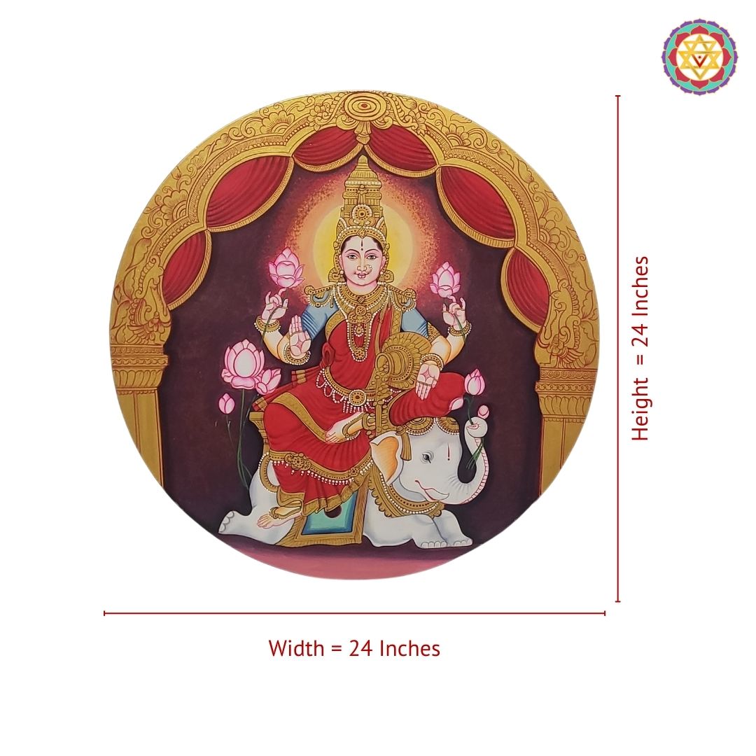 Detailed view of Gajalaxmi handpainted plate with traditional motifs