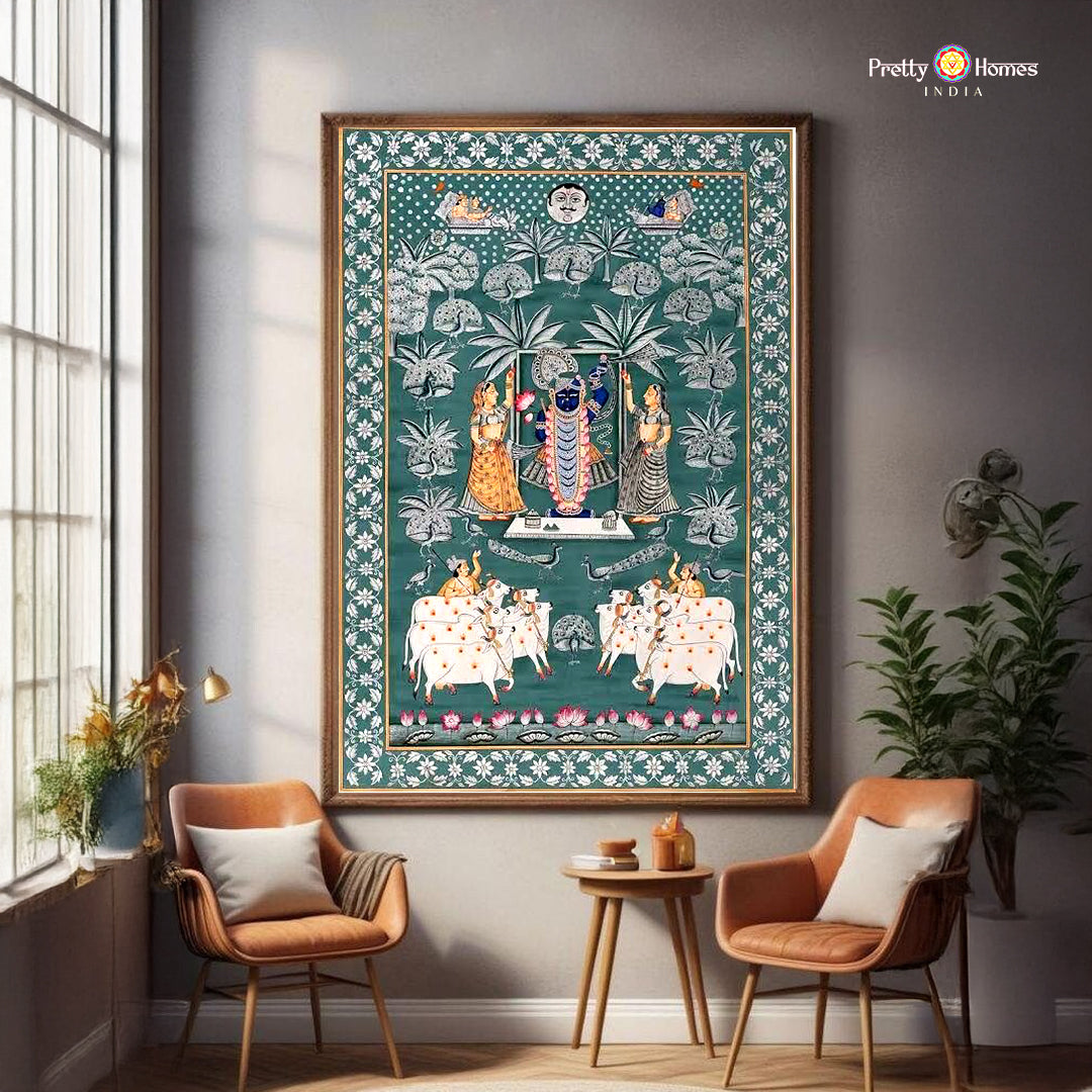vintage green shrinathji pichwai full composition with ornate elements