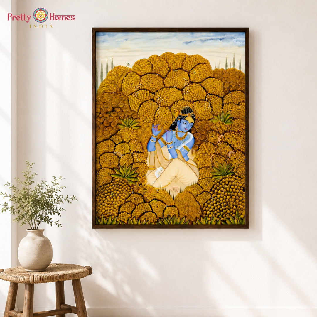 Hand-Painted Golden Pichwai – Flute Krishna Amongst Golden Trees