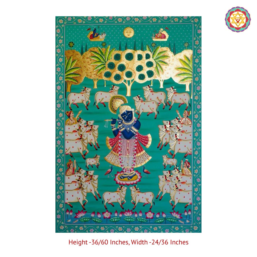 flute krishna with gopikas and cows pichwai full composition