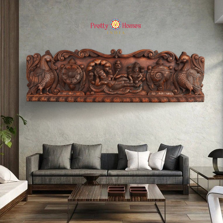 horizontal traditional carved anantashayanam vishnu panel full view showing Vishnu in Anantashayanam posture with deities