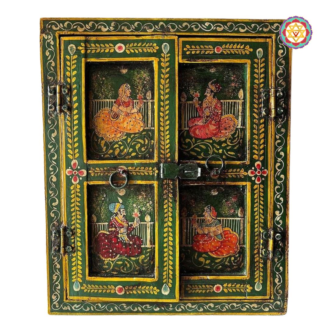 Antique-style painted wooden wall decor inspired by Indian heritage design