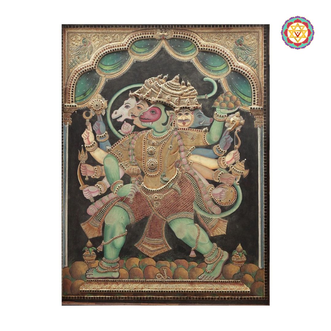 Tanjore painting hanuman with five-faced divine form and rich frame