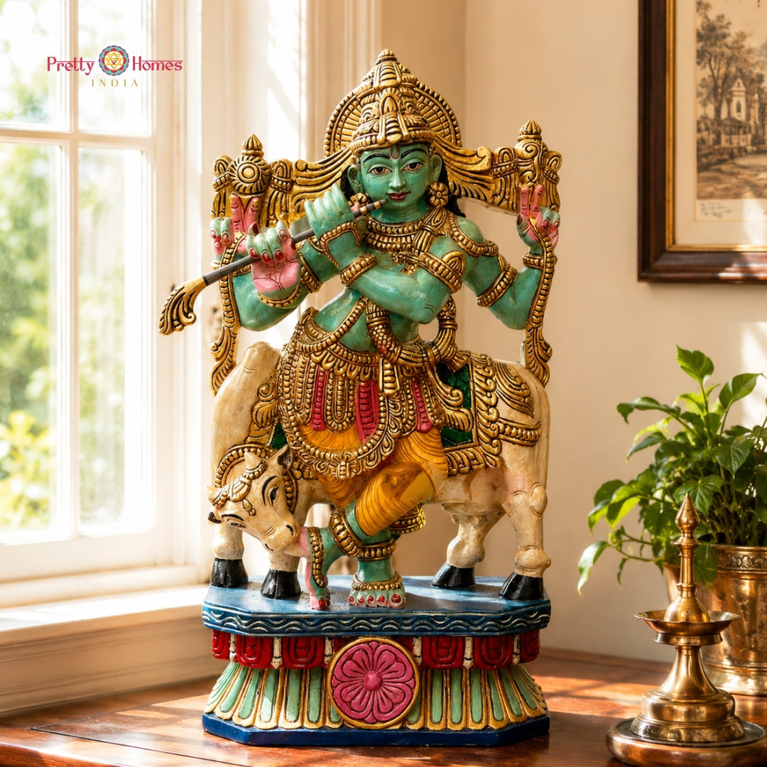 Hand-Carved Multicolour Flute Krishna with Cow Statue
