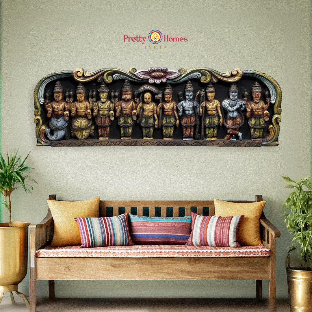 Large hand-carved teak wood Dasavtaram wall panel — antique brown gold finish, depicting ten incarnations of Lord Vishnu