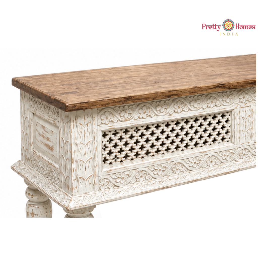 Wood-Carved Console Table with Storage