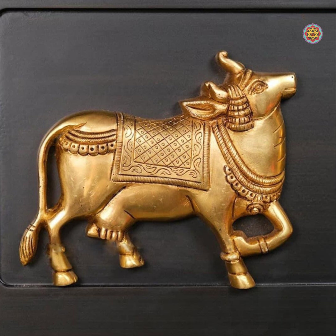 Handcrafted divine cow brass panel — framed wooden wall art decor