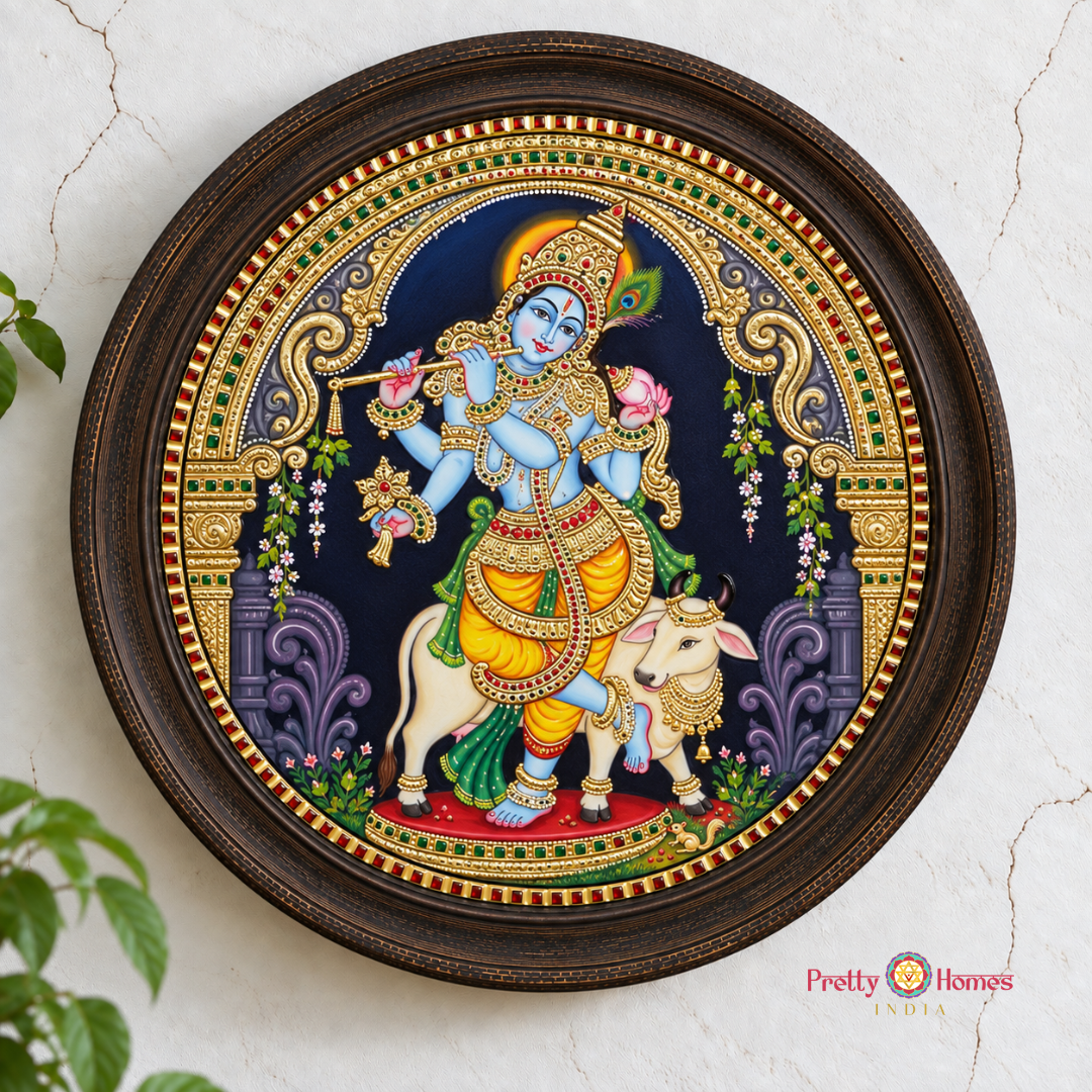 Round Krishna with Flute – Tanjore Painting