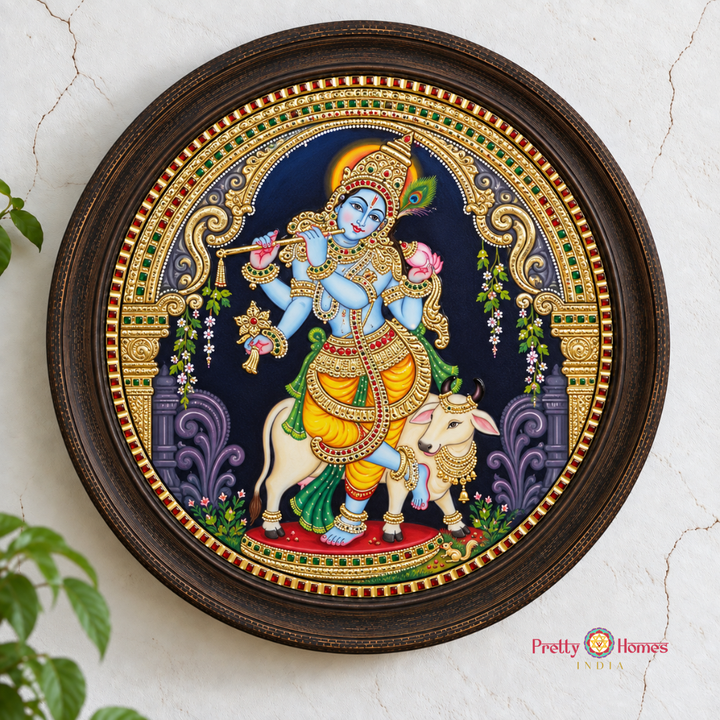 Round Krishna with Flute – Tanjore Painting