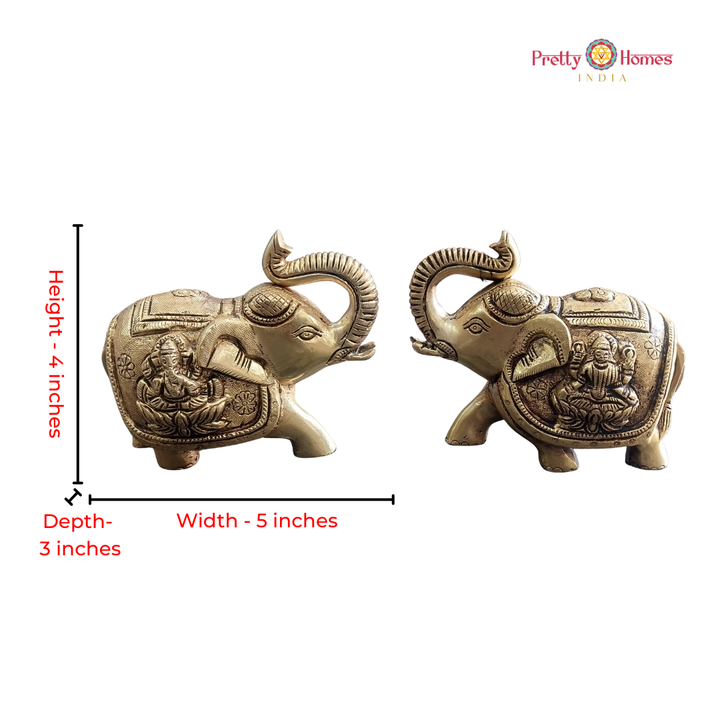 Pair -Brass Trunk-Up Elephants with Ganesha & Lakshmi