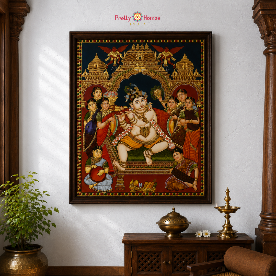 Intricate Vintage Chettinad-Style Flute Krishna Tanjore