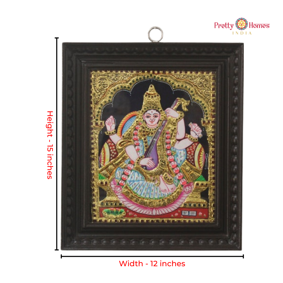 Chola-Style Goddess Saraswati Tanjore in Real Gold