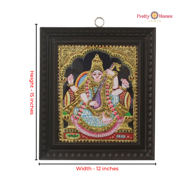 Chola-Style Goddess Saraswati Tanjore in Real Gold