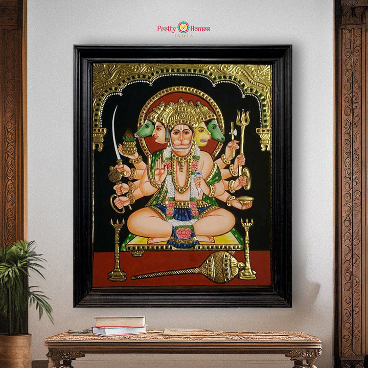 Panchmukhi Hanumanji Tanjore painting with real 22K gold foil and divine symbolism
