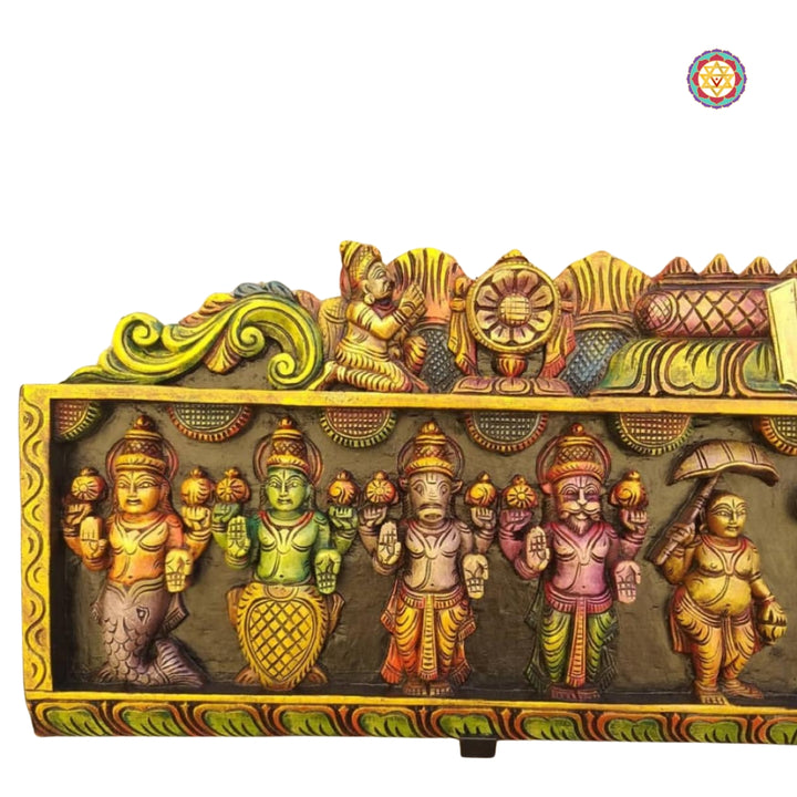 Woodcarved Dasavtaram with Vishnu symbols wall mount /wall panel