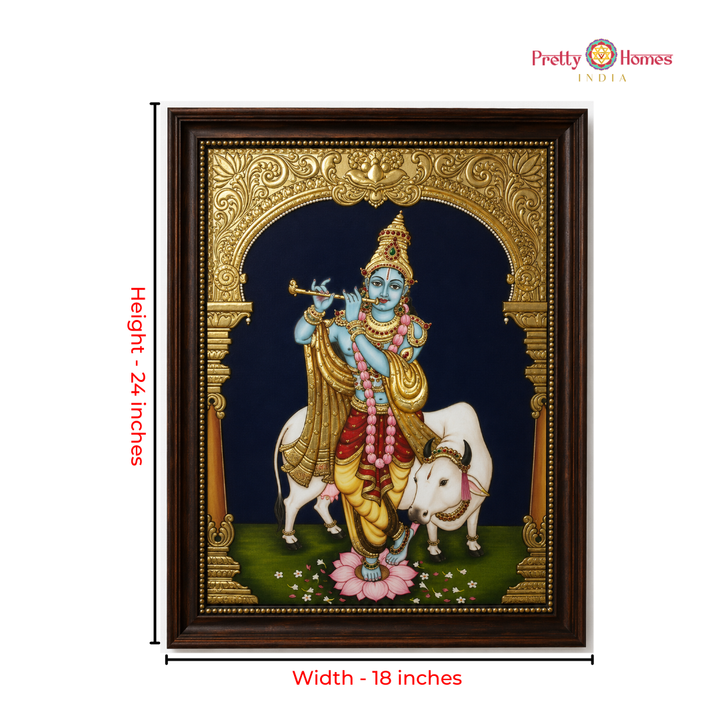 Aesthetic Flute-Playing Cow Krishna Tanjore in Real Gold