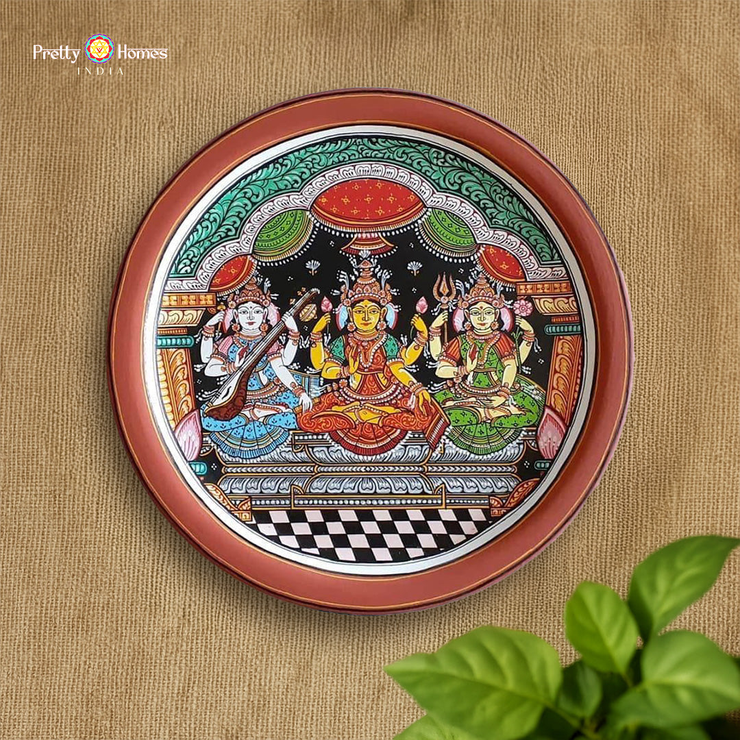 pattachitra style ganesh laxmi saraswati wall plate hand painted