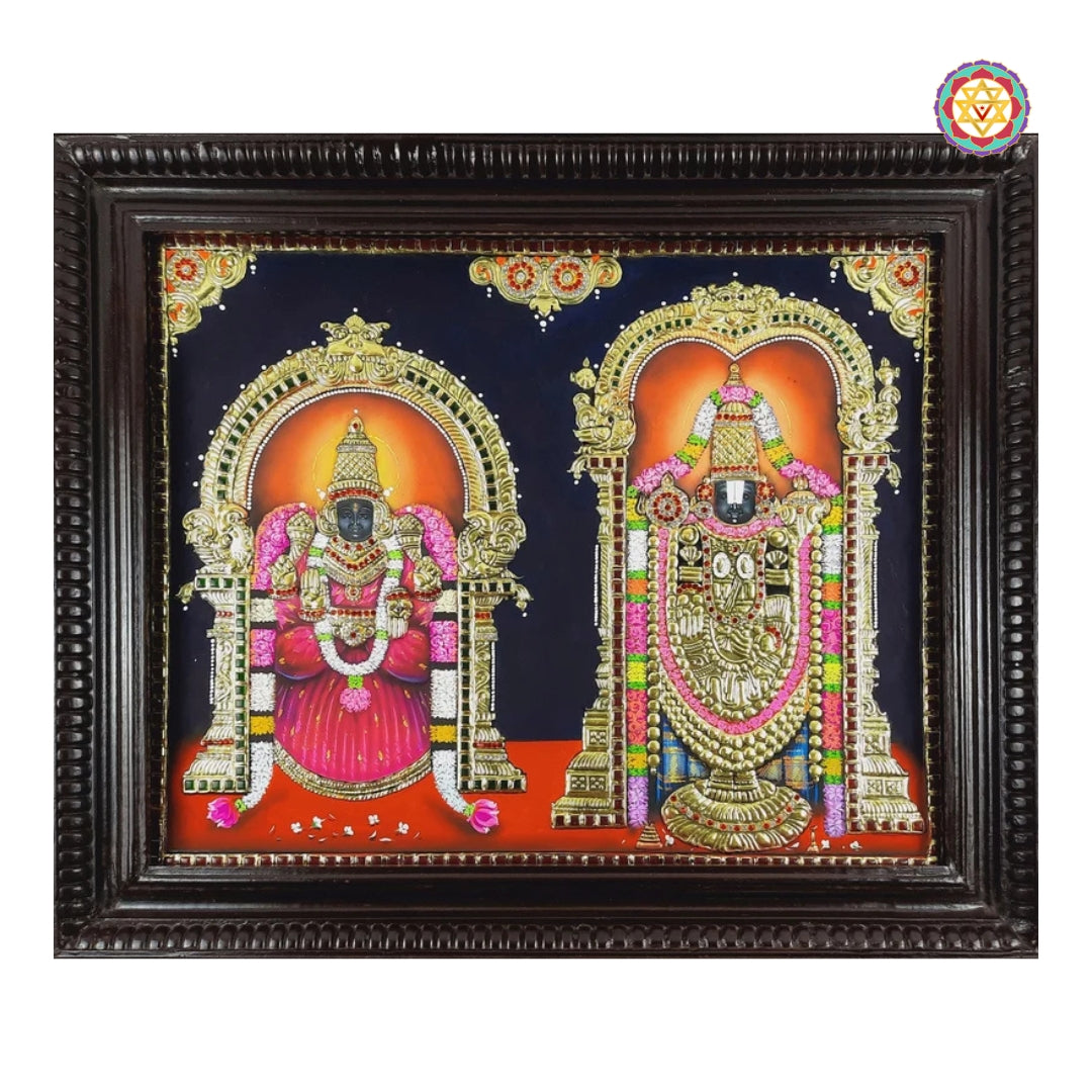 Frontal view of antique-style Tanjore painting of Balaji and Padmavati together