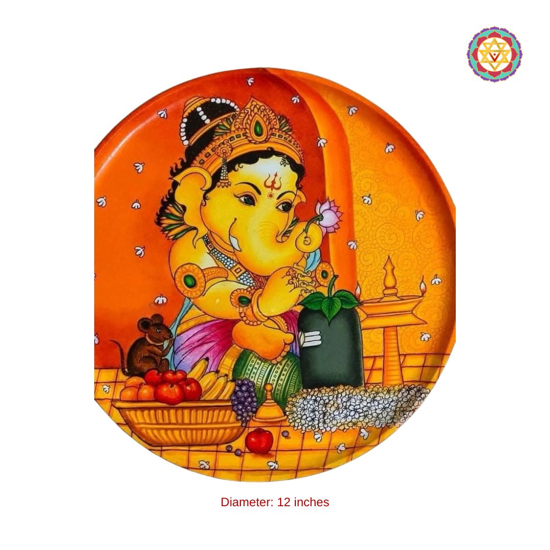 close-up of Ganesha and Shivling mural plate highlighting bold Kerala artwork